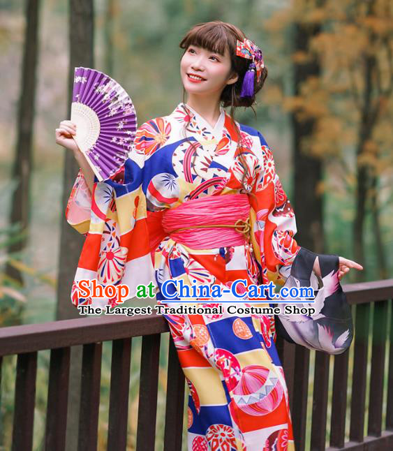 Japanese Traditional Printing Red Yukata Costume Asian Japan Young Lady Kimono Dress