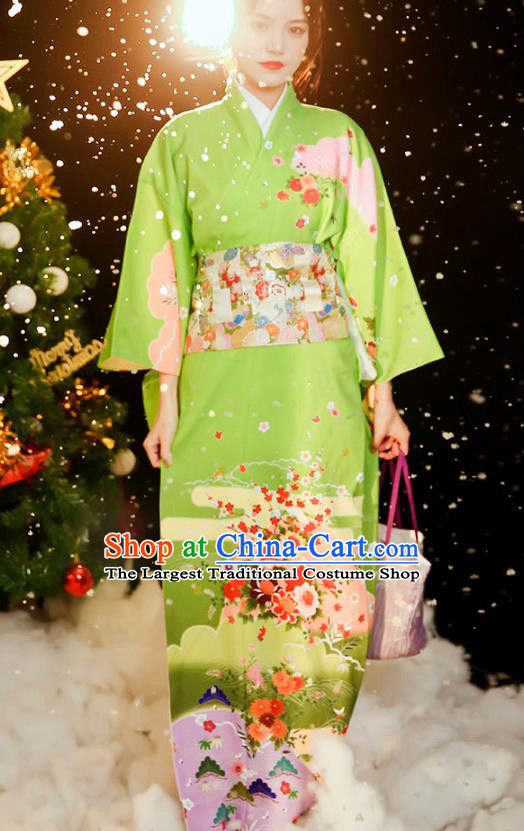 Asian Japan Printing Green Kimono Dress Japanese Traditional Young Woman Yukata Costume