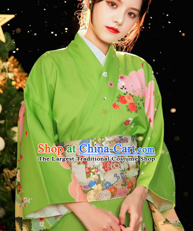 Asian Japan Printing Green Kimono Dress Japanese Traditional Young Woman Yukata Costume
