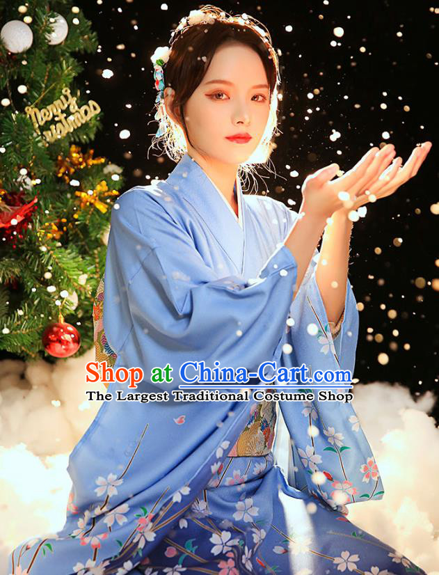 Japanese Traditional Young Woman Printing Plum Blossom Yukata Costume Asian Japan Blue Furisode Kimono Dress