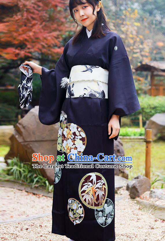 Asian Japan Printing Kurotomesode Kimono Costume Japanese Traditional Hanabi Taikai Young Lady Black Yukata Dress