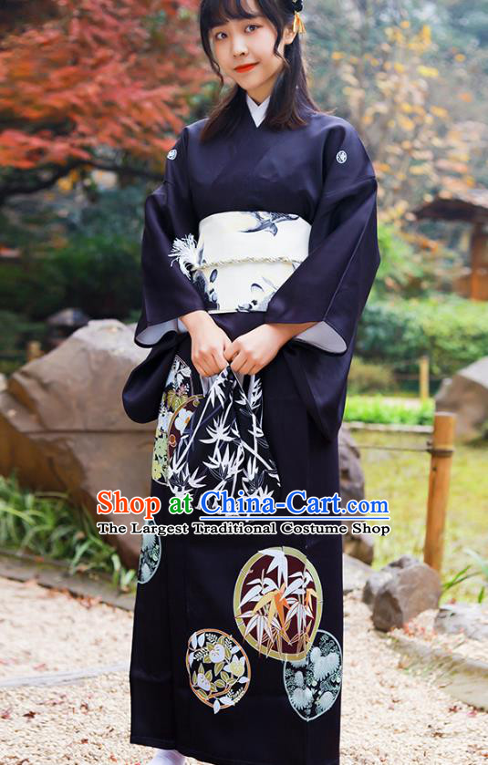 Asian Japan Printing Kurotomesode Kimono Costume Japanese Traditional Hanabi Taikai Young Lady Black Yukata Dress