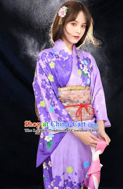 Asian Japan Printing Sakura Furisode Kimono Costume Japanese Traditional Young Lady Violet Yukata Dress