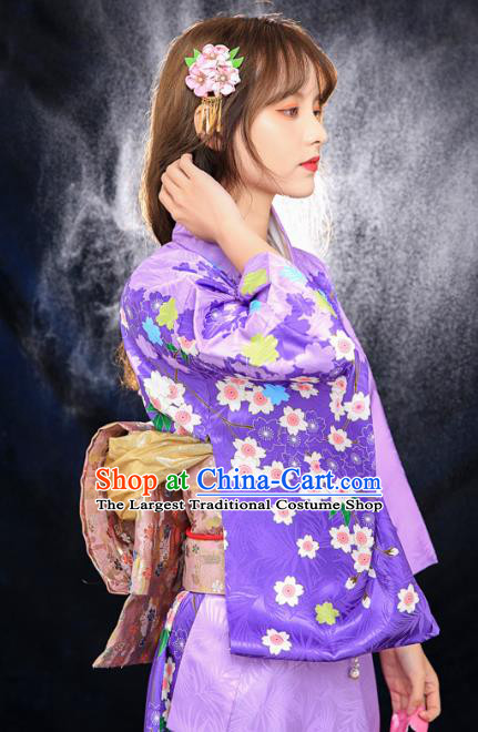 Asian Japan Printing Sakura Furisode Kimono Costume Japanese Traditional Young Lady Violet Yukata Dress