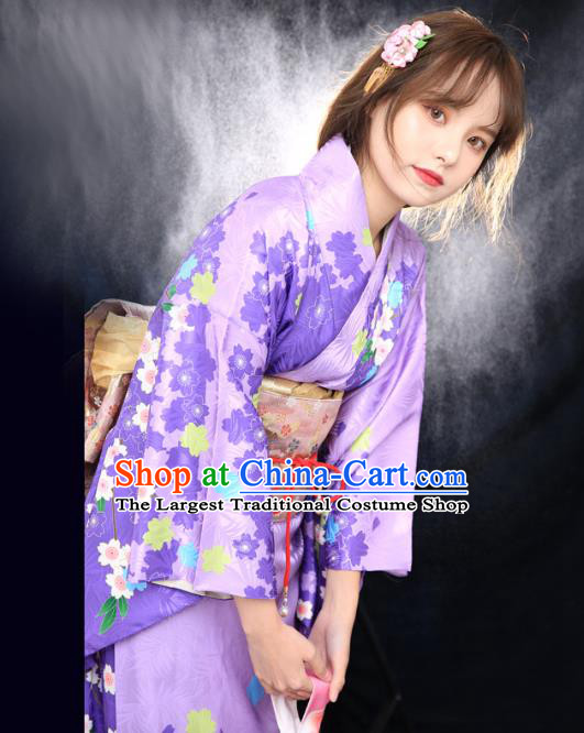 Asian Japan Printing Sakura Furisode Kimono Costume Japanese Traditional Young Lady Violet Yukata Dress