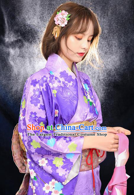 Asian Japan Printing Sakura Furisode Kimono Costume Japanese Traditional Young Lady Violet Yukata Dress