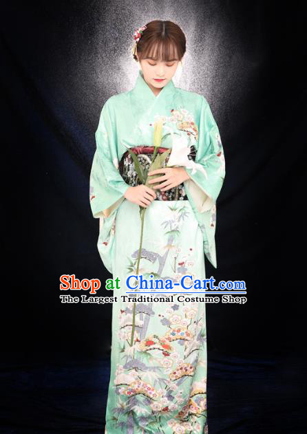 Asian Japan Light Green Tomesode Kimono Costume Japanese Traditional Young Lady Printing Plum Bamboo Yukata Dress