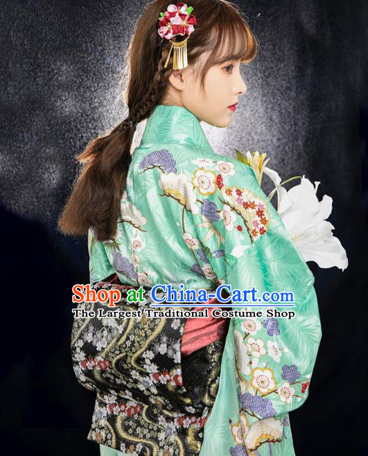 Asian Japan Light Green Tomesode Kimono Costume Japanese Traditional Young Lady Printing Plum Bamboo Yukata Dress