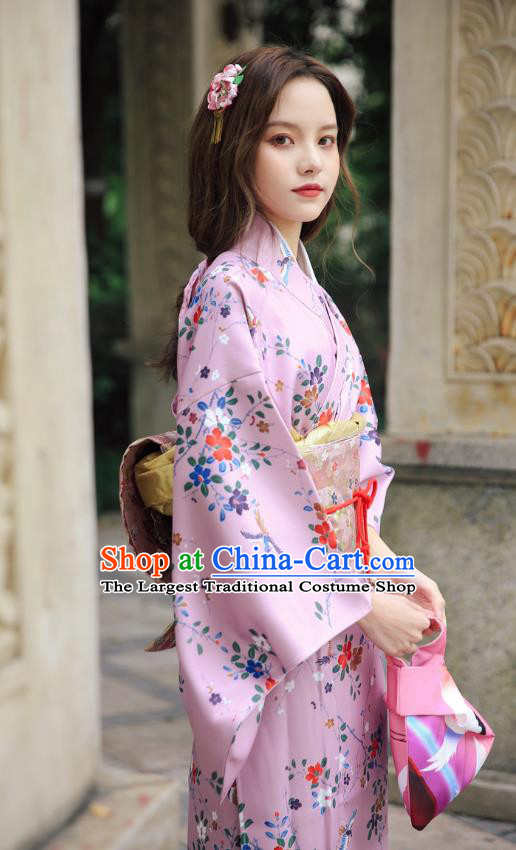 Asian Japan Pink Edo Komon Kimono Costume Japanese Traditional Young Lady Printing Primrose Yukata Dress