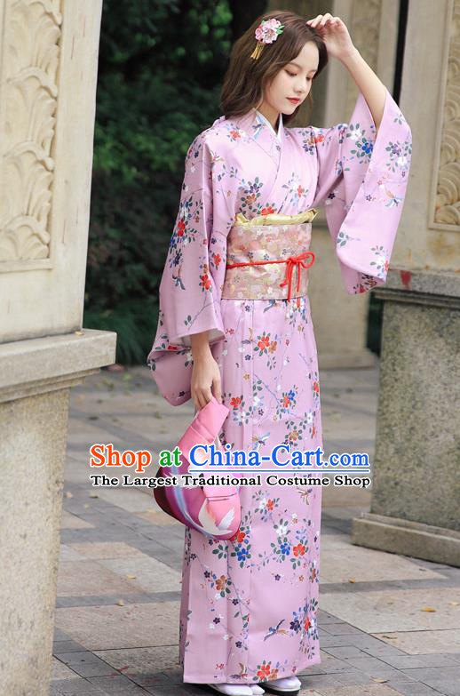 Asian Japan Pink Edo Komon Kimono Costume Japanese Traditional Young Lady Printing Primrose Yukata Dress