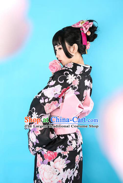 Asian Japan Summer Festival Kimono Costume Japanese Traditional Young Lady Printing Peony Black Yukata Dress