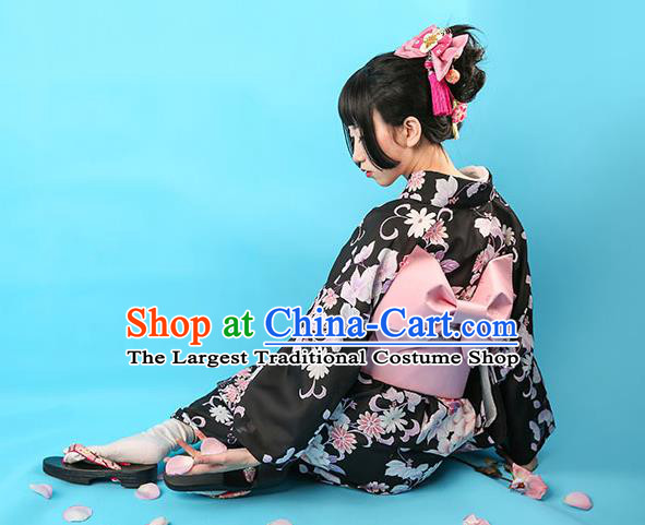 Asian Japan Summer Festival Kimono Costume Japanese Traditional Young Lady Printing Peony Black Yukata Dress
