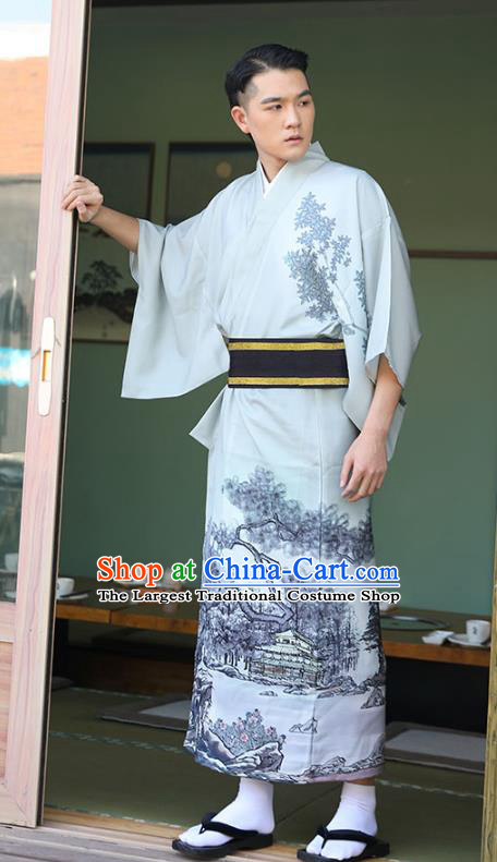 Asian Japan Traditional Printing Grey Yukata Robe Japanese Cosplay Samurai Clothing for Men