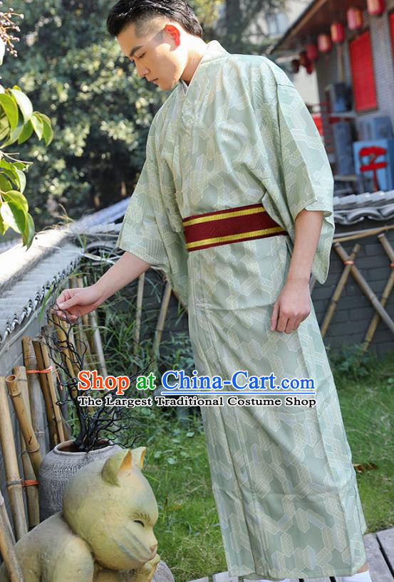 Japanese Male Clothing Asian Japan Traditional Printing Light Green Yukata Robe