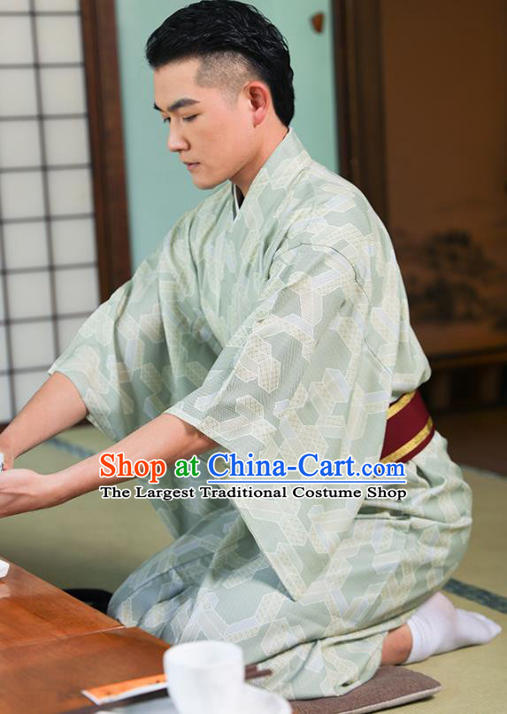 Japanese Male Clothing Asian Japan Traditional Printing Light Green Yukata Robe