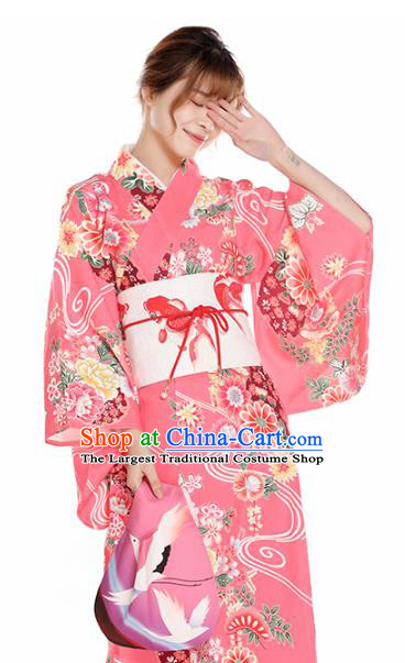 Asian Japan Summer Festival Pink Kimono Costume Japanese Traditional Young Lady Printing Chrysanthemum Yukata Dress
