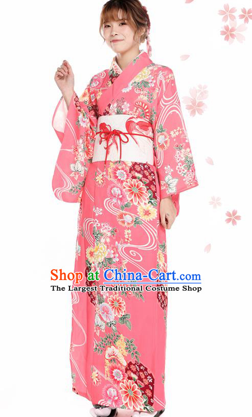 Asian Japan Summer Festival Pink Kimono Costume Japanese Traditional Young Lady Printing Chrysanthemum Yukata Dress