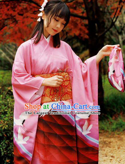 Asian Japan Pink Furisode Kimono Costume Japanese Traditional Summer Festival Printing Crane Yukata Dress