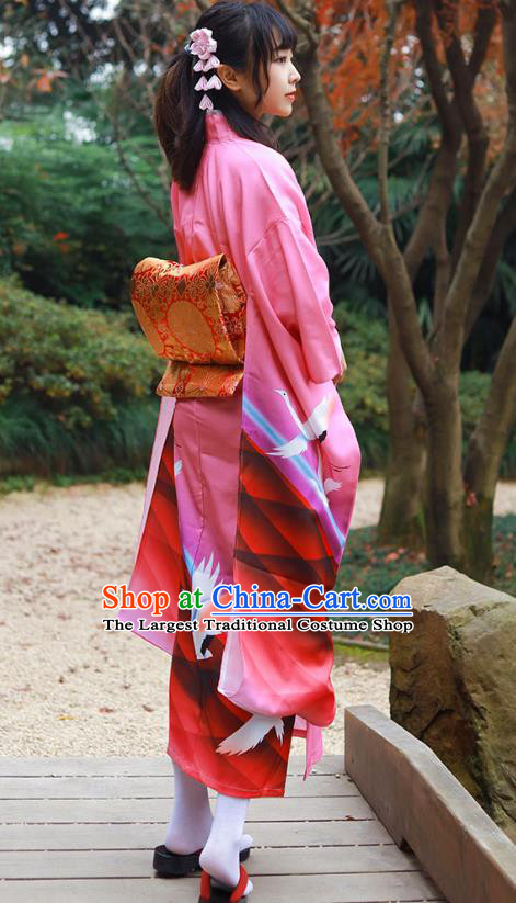 Asian Japan Pink Furisode Kimono Costume Japanese Traditional Summer Festival Printing Crane Yukata Dress
