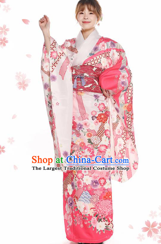 Asian Japan Hanabi Taikai Furisode Kimono Costume Japanese Traditional Printing Peony Pink Yukata Dress