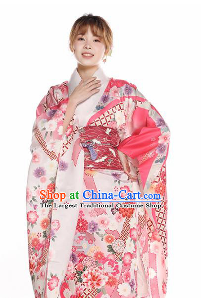 Asian Japan Hanabi Taikai Furisode Kimono Costume Japanese Traditional Printing Peony Pink Yukata Dress