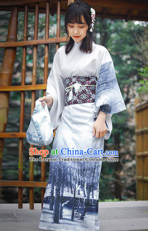 Asian Japan Woman New Year Kimono Costume Japanese Traditional Ink Painting Yukata Dress