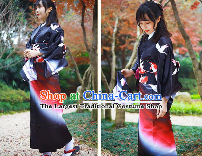 Asian Japan Woman Kurotomesode Kimono Costume Japanese Traditional Printing Crane Black Yukata Dress