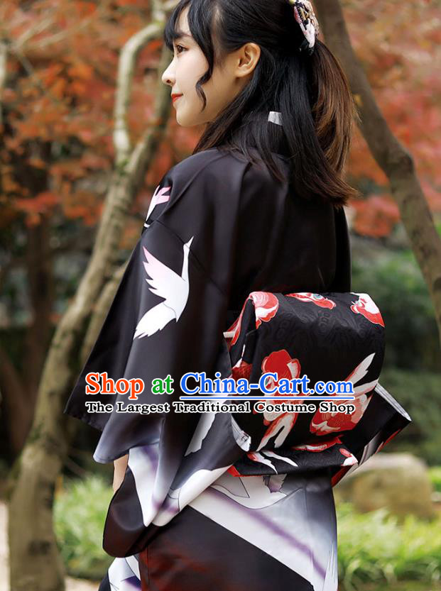 Asian Japan Woman Kurotomesode Kimono Costume Japanese Traditional Printing Crane Black Yukata Dress