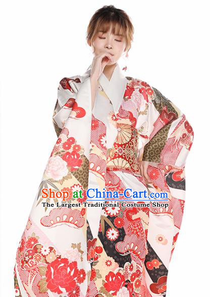 Asian Japan Printing Peony Furisode Kimono Costume Japanese Traditional Wedding Bride Yukata Dress
