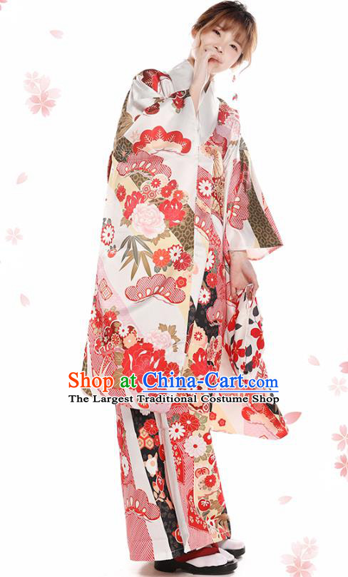 Asian Japan Printing Peony Furisode Kimono Costume Japanese Traditional Wedding Bride Yukata Dress
