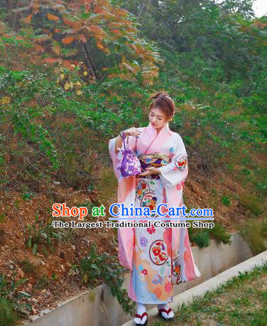 Asian Japan Wedding Bride Furisode Kimono Costume Japanese Traditional Printing Peony Chrysanthemum Pink Yukata Dress