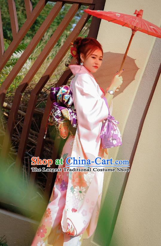 Asian Japan Wedding Bride Furisode Kimono Costume Japanese Traditional Printing Peony Chrysanthemum Pink Yukata Dress