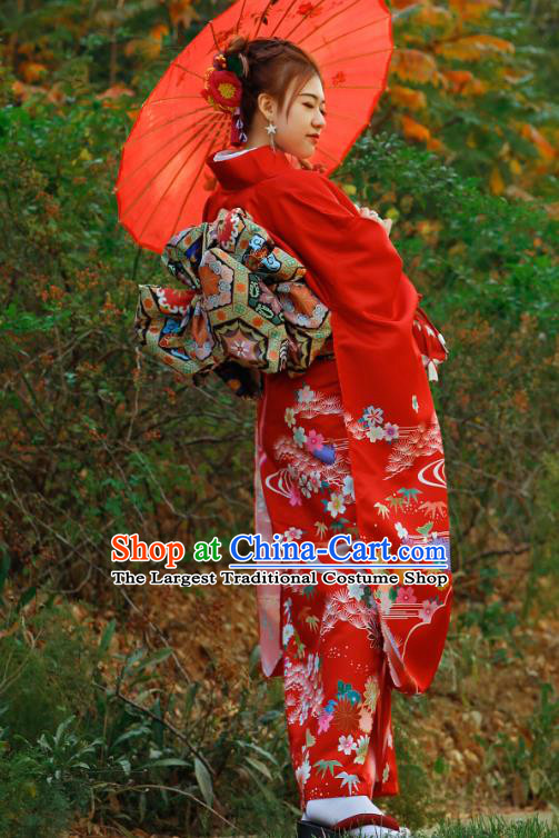 Asian Japan Bride Furisode Kimono Costume Japanese Traditional Wedding Printing Chrysanthemum Red Yukata Dress