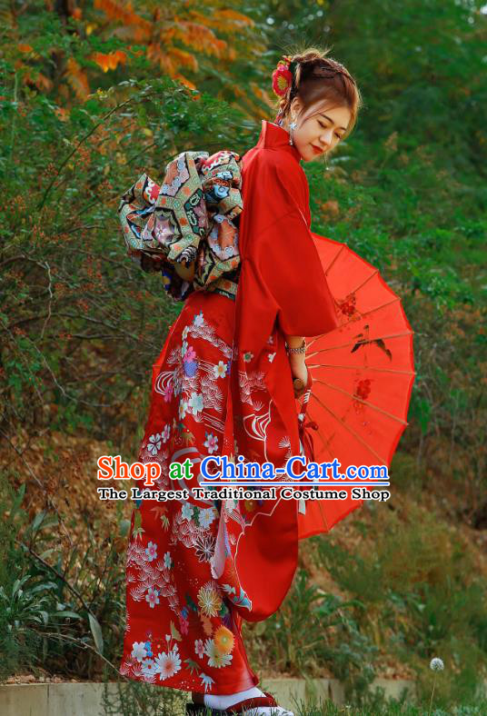 Asian Japan Bride Furisode Kimono Costume Japanese Traditional Wedding Printing Chrysanthemum Red Yukata Dress