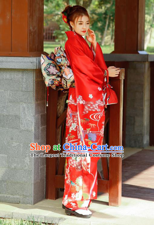 Asian Japan Bride Furisode Kimono Costume Japanese Traditional Wedding Printing Chrysanthemum Red Yukata Dress