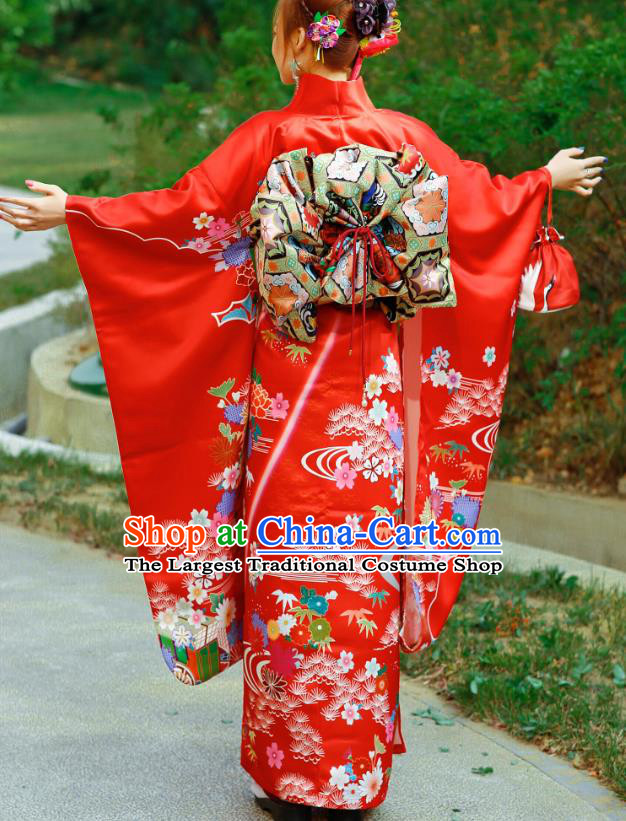 Asian Japan Bride Furisode Kimono Costume Japanese Traditional Wedding Printing Chrysanthemum Red Yukata Dress