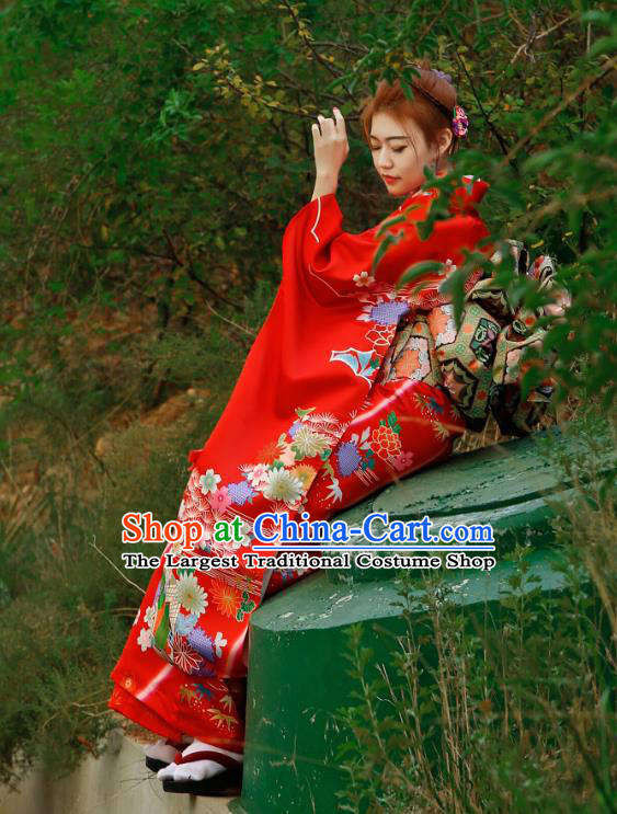 Asian Japan Bride Furisode Kimono Costume Japanese Traditional Wedding Printing Chrysanthemum Red Yukata Dress