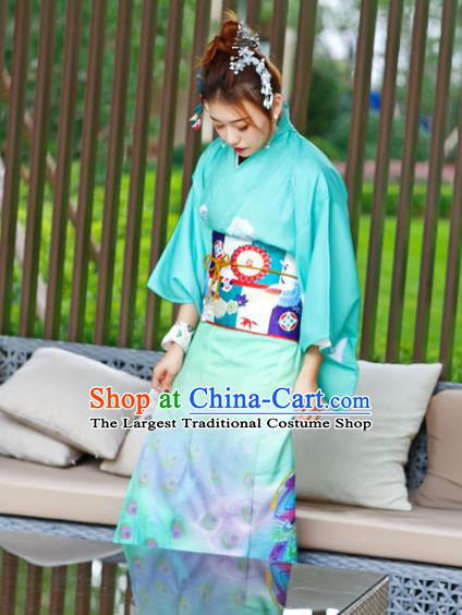 Asian Japan Printing Peacock Kimono Costume Japanese Traditional Wedding Bride Green Yukata Dress