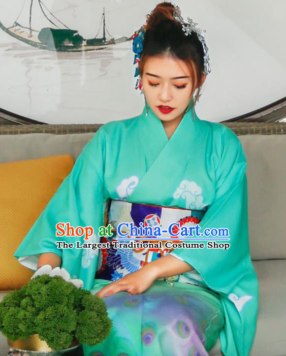 Asian Japan Printing Peacock Kimono Costume Japanese Traditional Wedding Bride Green Yukata Dress