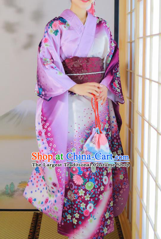 Asian Japan Printing Sakura Purple Satin Furisode Kimono Costume Japanese Traditional Wedding Bride Yukata Dress
