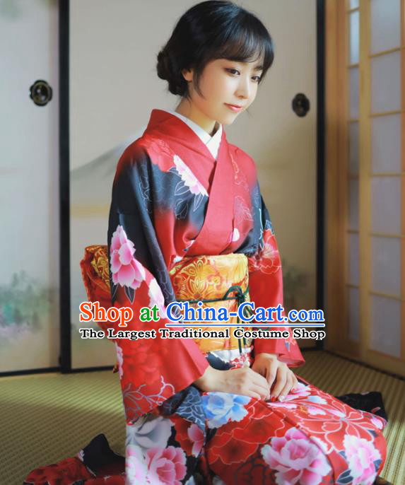 Asian Japan Geisha Red Furisode Kimono Costume Japanese Traditional Wedding Young Woman Printing Yukata Dress