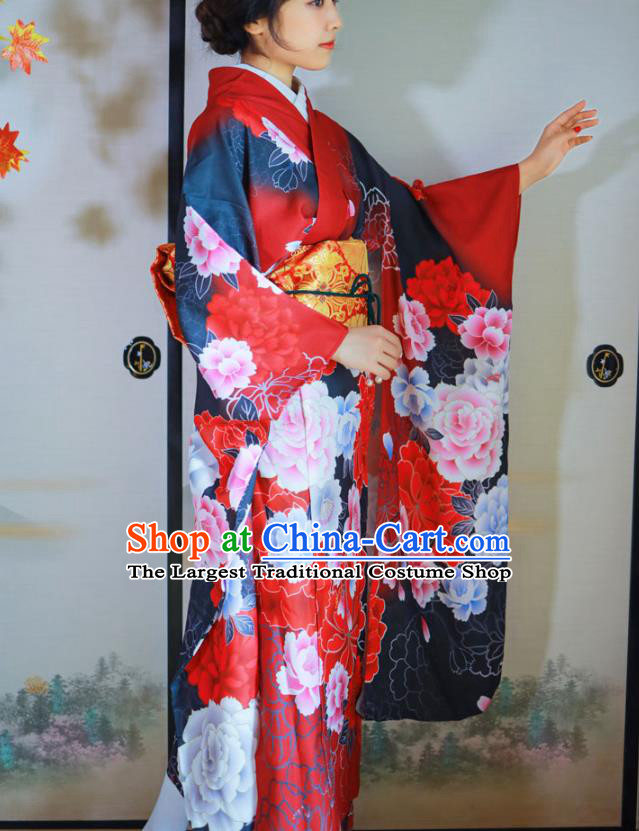 Asian Japan Geisha Red Furisode Kimono Costume Japanese Traditional Wedding Young Woman Printing Yukata Dress