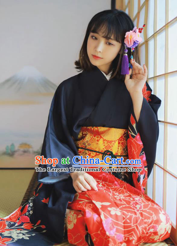 Asian Japan Stage Performance Furisode Kimono Costume Japanese Traditional Young Woman Yukata Dress