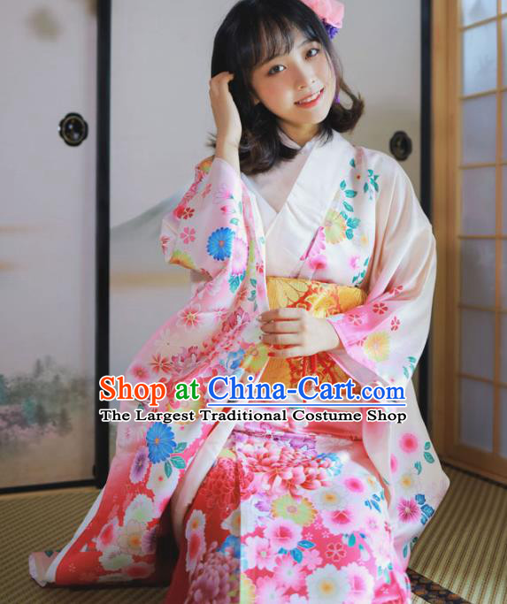Asian Japan Printing Sakura Pink Furisode Kimono Costume Japanese Traditional Stage Performance Yukata Dress