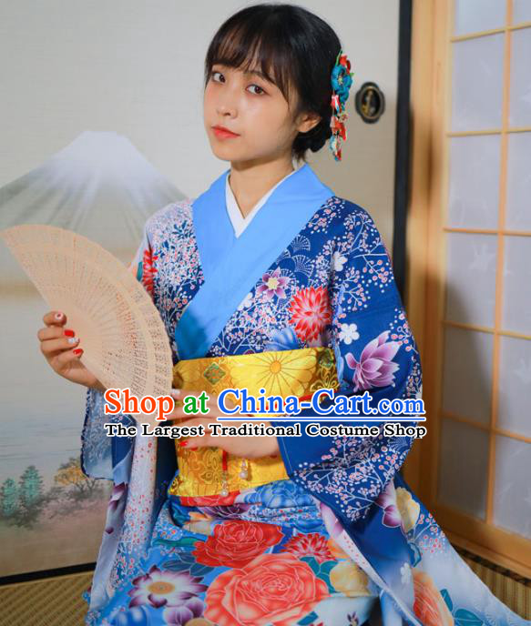 Asian Japan Printing Flowers Blue Furisode Kimono Costume Japanese Traditional Festival Young Lady Yukata Dress