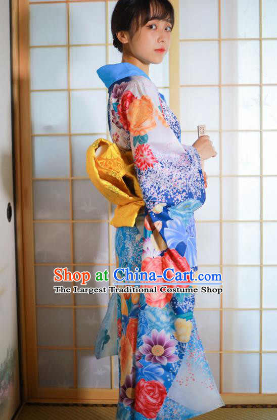 Asian Japan Printing Flowers Blue Furisode Kimono Costume Japanese Traditional Festival Young Lady Yukata Dress