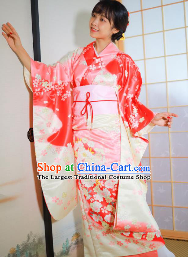 Asian Japan Wedding Bride Furisode Kimono Costume Japanese Traditional Young Lady Printing Sakura Pink Satin Yukata Dress