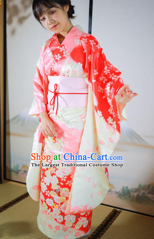 Asian Japan Wedding Bride Furisode Kimono Costume Japanese Traditional Young Lady Printing Sakura Pink Satin Yukata Dress