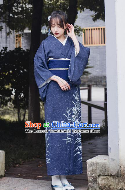 Japanese Traditional Summer Festival Printing Reed Deep Blue Yukata Dress Asian Japan Woman Kimono Clothing
