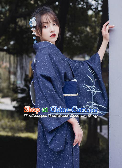 Japanese Traditional Summer Festival Printing Reed Deep Blue Yukata Dress Asian Japan Woman Kimono Clothing